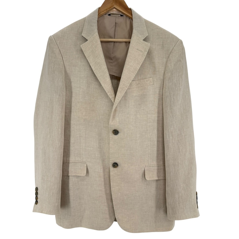 Tasso Elba Men's Linen Blazer Sport Coat Large Beige Tan Summer Casual Jacket - Picture 2 of 10